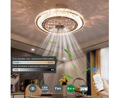 QJUZO Cristallo Ventilatore da Soffitto con Luce e Telecomando Plafoniera con Ventilatore 3 Colori dimmerabili, 36W LED Lampada a soffitto plafoniere per Soggiorno Camera da Letto Ø50cm