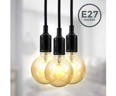 B.K.Licht Lampadario nero con cavi rivestiti in tessuto, adatto per 3 lampadine E27 non incluse, altezza totale 2.04m, Lampada a sospensione per salotto o sala da pranzo, Lampada da soffitto vintage