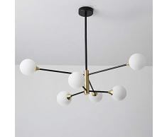 Lampadario Sputnik Mid Century Lampada a sospensione Lampada a sospensione a sfera in vetro soffiato nordico nero opaco e finitura in ottone spazzolato Plafoniera moderna bianco latte 6 luci