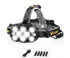 Vinabo Torcia Frontale, Campeggio Lampada Frontale Led Ricaricabile, 1000 Lumen 8 LED Torcia Frontale 10 Modalità, Regolabile 90° Impermeabile e Leggera per Pesca, Ciclismo, Con Scatola Pportaoggetti