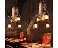 E27 Retro Lampada a sospensione Legno Lampadario a sospensione Vintage Lampadario industriale Creativa Lampadario Loft antico Personalità Sala da pranzo Lampadario Altezza regolabile Ferro Vetro Bar