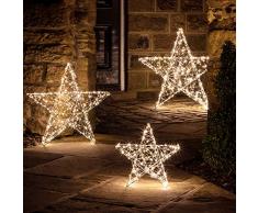 Lights4fun - Set di 3 Stelle Luminose con Luci LED Bianco Caldo per Uso in Interni ed Esterni Decorazioni Natale