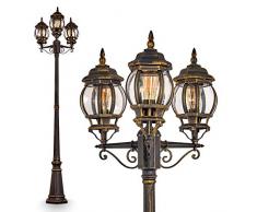 Candelabro Kobe, lampada da terra per esterni in stile antico, in metallo marrone/oro, luce di percorso a 3 bracci da 215 cm, lampada da giardino retrò/vintage, attacco E27, IP44, senza lampadina/e