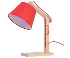 homcom Lampada da Tavolo con Braccio Regolabile Paralume in Lino Supporto Lampadina E14, Legno Rovere, Rosso, 23x20x45cm