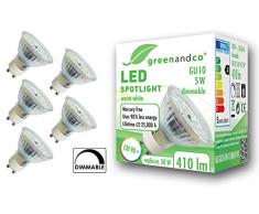 5x Spot a LED dimmerabile greenandco® IRC 90+ GU10 5W (equivalente spot alogeni 36W) 320lm 3000K (bianco caldo) 110° 230V, nessun sfarfallio