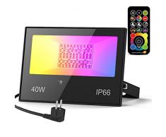 Faretto LED RGB 40W Proiettore da Esterno con Telecomando, 120 Colori Cambia, Faro LED Esterno Luce Bianca 5700K, 4000LM, Impermeabile IP66 per Giardino Cortile Garage