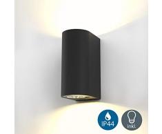 B.K.Licht Lampada da parete LED, applique per esterni, include 2 lampadine GU10 da 5W, plafoniera da parete per interni, luce calda 3000K, 800Lm, lampada a muro in metallo nera IP44