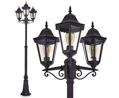 Lampada da esterno/da giardino Hongkong, candelabro in stile antico, fusione di alluminio in nero opaco, vetro, luce di percorso a 3 bracci, regolabile in altezza, retrò, E27, IP44, senza lampadina