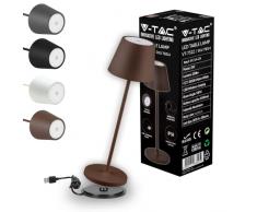 V-TAC Lampada da Tavolo senza Fili LED Dimmerabile con Comandi Touch – Lampada Marrone Wireless per Uso Interno ed Esterno IP54 da Casa o Ristorante – Batteria 4400 mAh – Luce 3000K Bianca Calda – 2W