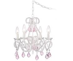 Saint Mossi Elegante Lampadario in cristallo 4 luci/braccia base lampada E14 verniciato bianco con gocce di cristallo rosa