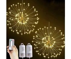 Natalizie Luci LED Fuochi dArtificio Luci Fatate, 120 LED Scintillio Luci Decorative 8 Modalità Batteria Telecomando per Feste di Natale Interne ed Esterne(Bianco Caldo, 2 pezzi)