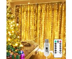 ZEYXINH Tenda Luminosa, 3x3M 300LED Tenda Luminosa Esterno, Porta USB 8 Modalità Impermeabile Luci Tende con Telecomando per Decorazione Interni ed Esterni di Natale, Matrimonio, Festa, Bianco Caldo
