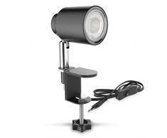 B.K.Licht Lampada LED da tavolo con morsetto, include lampadina GU10 5W, luce calda, orientabile, interruttore a levetta, lampada piccola da comodino o scrivania, metallo nero opaco