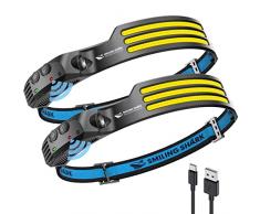 Smiling Shark Lampada Frontale, 2 Pezzi 230°Angolo Ampio 3*Strisce Luce Luminose Bianca Brillante Ricaricabile Sensore di Movimento Faro Impermeabile Campeggio, Torcia-Frontale-Lampada-LED-Camping