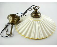 Lampadario ottone brunito stelo a catenella sospensione una luce stile liberty con piatto ceramica bordato giallo l1035 Misure:H 74cm,Ø piatto 29cm.Le misure sono con piatto.Attacco Edison E 27