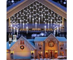 Moxled Luci Natale Esterno Cascata - 9M 360 LED Tenda Luminosa Esterno Con 60 Ghiaccioli, Luci Natalizie da Esterno con Telecomando, Luci Natale Decorazione per Finestra, Balcone, Feste (Bianco)