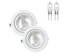 oniroview Set di 2 faretti con lampada alogena da incasso per mobili, bianco lucido, dimmerabili, con lampadina bispina 12 V 14 Watt resa da 20W, G4 cavo di collegamento 15 cm