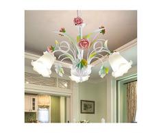 Lampadario a Sospensione Rustiche Ferro Battuto Lampada a Sospensione con Eleganti Ceramica Rosa Fiori Art Deco Vetro Paralume 3 Luci E14 Luce Pendente per Sala da Pranzo Camera da Letto Soggiorno