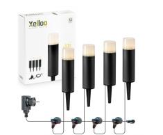 Xelloo® JAX Kit di illuminazione da giardino, 12 Volt, 4 luci in alluminio/PVC 1W LED bianco caldo con picchetto e pratico collegamento scorrevole, IP44, installazione facile e sicura