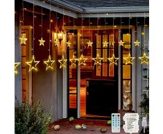 Hezbjiti 138 LED Tenda Stelle Luci Stelline, Finestra Fiabesca Luminosa Stelle Luci Natale con Funzione di Ritmo Musicale, Telecomando per Esterni/Natale/Party (Bianco Caldo)