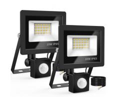 20W Fari Led da Esterno con Sensore di Movimento 2 Pezzi, Realky IP65 Impermeabile Faretto Led Esterno 2000LM, 24 LED 6500K Bianca Fredda - Fari Led Interna ed Esterna per Giardino Cortile Garage