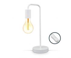 B.K.Licht, Lampada da tavolo retrò, attacco per lampadina E27 non inclusa, interruttore sul cavo, abat-jour da comodino in metallo bianco opaco, lampada da lettura vintage industriale