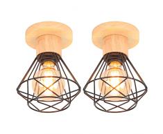 iDEGU 2 Pezzi Lampade a Sospensione Vintage Industriale, Lampada da Soffitto in Legno e Metallo Nero Gabbia Geometrica 16cm Retro E27 Lampadario Interni per Corridoio Camera da Letto Cucina