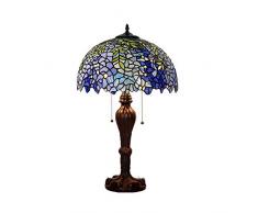 Tiffany Stile Lampada da Tavolo, Vetro Colorato Lampada da Tavolo Lega di Zinco Base Fiore di Glicine Blu Modello Luce di Notte Camera da Letto Comodino Paralume Lampada da Scrivania E27