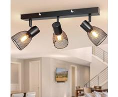 Dehobo Faretti Led Interno, Faretti da Soffitto 3 Luci Orientabili, Binario Faretti Nero E14, Lampadario Faretti con Paralumi in Rete Metallica Vintage per Cucina Cameretta Soggiorno (Nessun Bulbo)