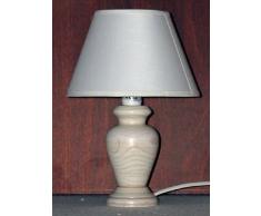 Lampada da tavolo o comodino in legno colore bianco anticato; altezza totale cm 27; paralume modello cinese diametro 18 in tessuto plastificato avorio; attacco lampada E14 tedesco piccolo. Produzione propria - made in Italy