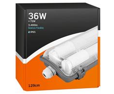 Eurocali 1x Plafoniera IP65 Impermeabile 36W Trasparente 3400 Lumen + 2 Tubi LED da 120cm - Luce Bianco Freddo 6400K - Fascio Luminoso 160° - Sostituzione Neon