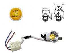 Vetrineinrete® Faretto 1 led COB ad incasso 3 watt mini spot punto luce tondo luce bianca 6500k calda 3000k e naturale 4000k driver 220v con bordo bianco (Luce calda 3000k) F47