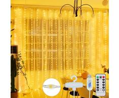 HOYIBO Tenda Luminosa - 300 LED 3x3M Cascata Tenda Luci 8 Modalità Telecomando Impermeabilità Luminarie da Esterno per Festa Giardino Natale Matrimonio Interno Casa Camera da Letto (Bianco Caldo)
