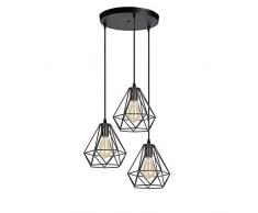 iDEGU Lampada a Sospensione Industriale, Retrò Lampadario 3 Luci Vintage E27 Lampadario a Sospensione Stile Gabbia Geometrica Lampada da Soffitto, Ø 20cm, Nero