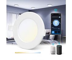 Aigostar Faretti LED da Incasso Intelligenti ultrasottili, 6W. Compatibile con Alexa e Google. Luce dimmerabile da 3000-6500K. Controllo Vocale, Controllo Wi-Fi Wireless.