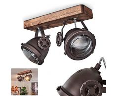 Lampada da soffitto Herford a 2 luci, in metallo e legno marrone con paralume in vetro, spot girevoli e orientabili, 2 lampadine GU10 max. 50 Watt, disponibile per lampadine a LED