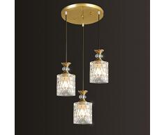 FREENN Lampadario a Sospensione Ottone Vintage 3 Luci Lampadario con Paralume Cristallo Vetro creatività Industriale Retro Regolabile Luce a Sospensione per Sala da Pranzo Soggiorno, E27, Oro,B