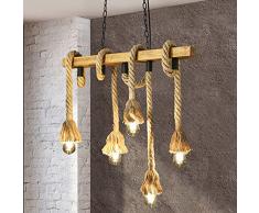 ZMH Lampada a sospensione in legno vintage Lampadario corda canapa - Retro industriale lampada da tavolo da pranzo con 5 portalampada e27 luce per soggiorno cucina sala cafe bar