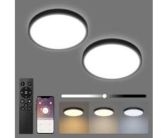 Klighten 2 Pezzi LED Plafoniera Dimmerabile 28W 2520Lumen con Telecomando, Tonda Lampada da Soffitto Pannello con Controllo App, Moderna Sottile 2cm Luce Soffitto, 2700K-6500K, Ø30cm, Nero