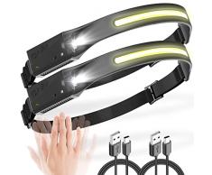 UNBON Torcia Frontale Ricaricabile, 2 Pezzi Lampada Frontale LED Ricaricabile Potente con 5 Modalità di Luce e Sensore di Movimento Luce Torcia da Testa Impermeabile Leggera per Corsa Pesca Campeggio