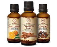 Set Oli Essenziali 3x50 ml - Corteccia di Cannella - Arancio Dolce - Olio Essenziale Chiodi di Garofano - Diffusori - Lampada Aromatica - Profumo Natale - Cura della Pelle e Capelli - Profumo Ambiente