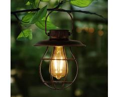 Lanterna solare da esterni, da appendere, in metallo, lampada solare decorativa da giardino, con lampadina Edison, luce a energia solare impermeabile(fondo rotondo)