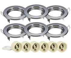 LEDLUX 6 Pezzi Porta Faretto Led Da Incasso, Rotondo Fisso Con Molla, Foro 60mm, 6 Portalampade GU10 Inclusi (Cromato)