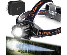 MIAOKE Torcia Frontale, Lampada Frontale Led Ricaricabile 100000 Lumen Super Luminosa IPX5 Impermeabile 4 Modalità con Indicatore di Alimentazione e Luce di Avvertimento per Corsa Outdoor Campeggio