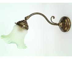 Applique in ottone brunito,appliques stile liberty con vetro sfumato verde,lampada da parete per interno am5.Dimensioni: Sporgenza come da foto 35cm,diametro vetro 14cm,diametro base 9,5cm. Le dimensioni sono comprensive del vetro.