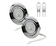 Set di 2 faretti con lampada alogena da incasso per mobili, cromato lucido, dimmerabili, con lampadina bispina 12 V 14 Watt resa da 20W, G4 cavo di collegamento 15 cm