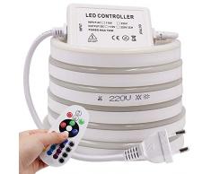 XUNATA 10m Luce al Neon Striscia LED RGB con Telecomando a 24 tasti, 220 V SMD 5050 60 LED/m, Flessibile Striscia a LED Strip per Scaletta Tetto Cavi da Cucina Decorazione