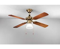 Ventilatore da soffitto con luce in metallo colore ottone brunito 4 pale Ø 105 x H. 42 Kit luce vetro satinato Ø 15cm 1xE27 Max 60W Potenza motore 22W-45W Comandato a catenelle Telecomando ordinabile Lampadario con pale Reversibile PERENZ 7064OB