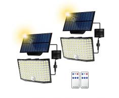 ZEEQII Faretti Solari a LED da Esterno,122 LED Luci Solari Esterno con Sensore di Movimento,IP65/3 Modi Luce Solare led Esterno,Telecomando Lampada Solare da Esterno Giardino Garage