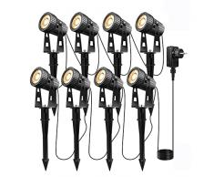 8 luci da giardino Faretto da giardino a LED bianco caldo COB Illuminazione da giardino a LED con picchetto da terra Lampada da giardino 2100LM 26 m di cavo per esterno prato da giardino, 12V 24W IP65